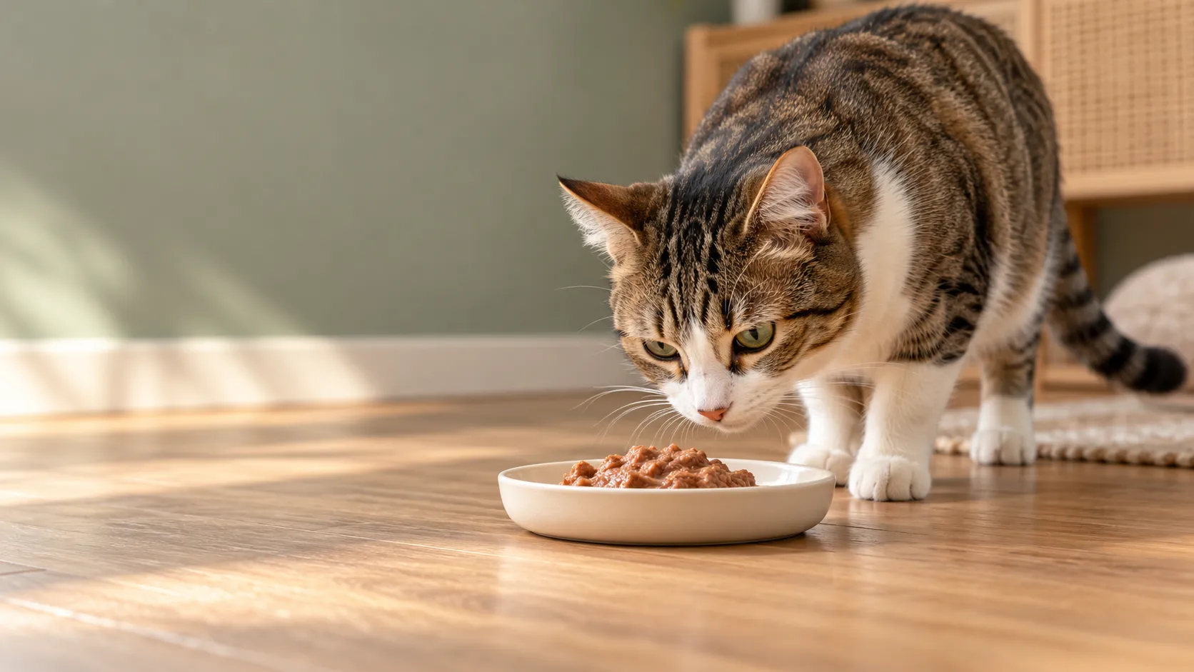 Gato explorando su alimento húmedo